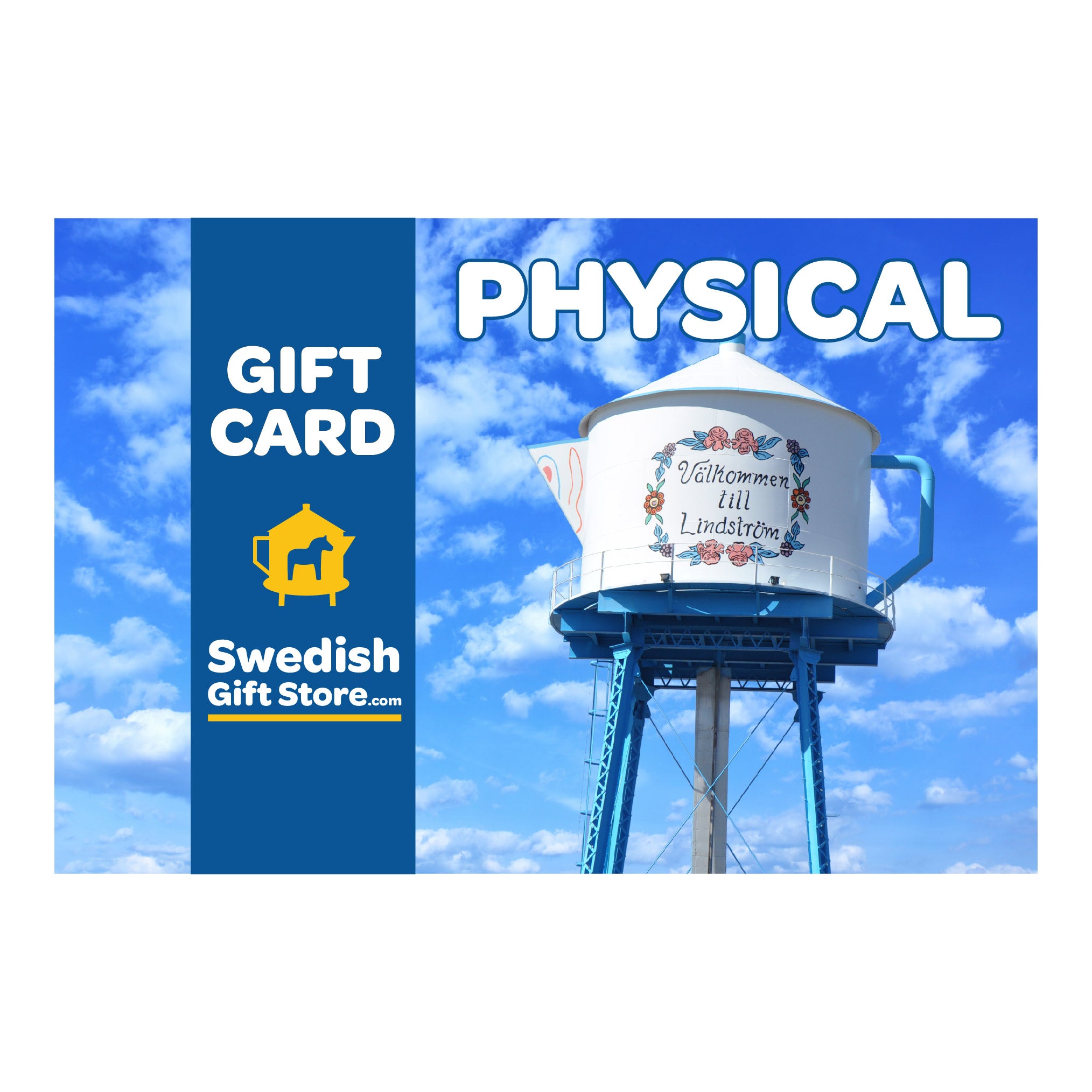 Experience the Physical Gift Card from the Swedish Gift Store, showcasing a whimsical water tower painted to resemble a coffee pot with "Välkommen till Lindström" text set against a blue sky. Plus, enjoy free shipping on all gift cards!