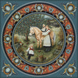Circular wall plate with Norwegian Rosemaling borders, depicting a woman and two children with a light-colored fjord horse in an apple orchard.