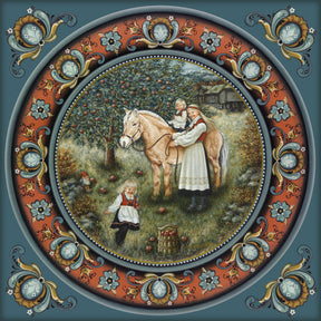 Circular wall plate with Norwegian Rosemaling borders, depicting a woman and two children with a light-colored fjord horse in an apple orchard.