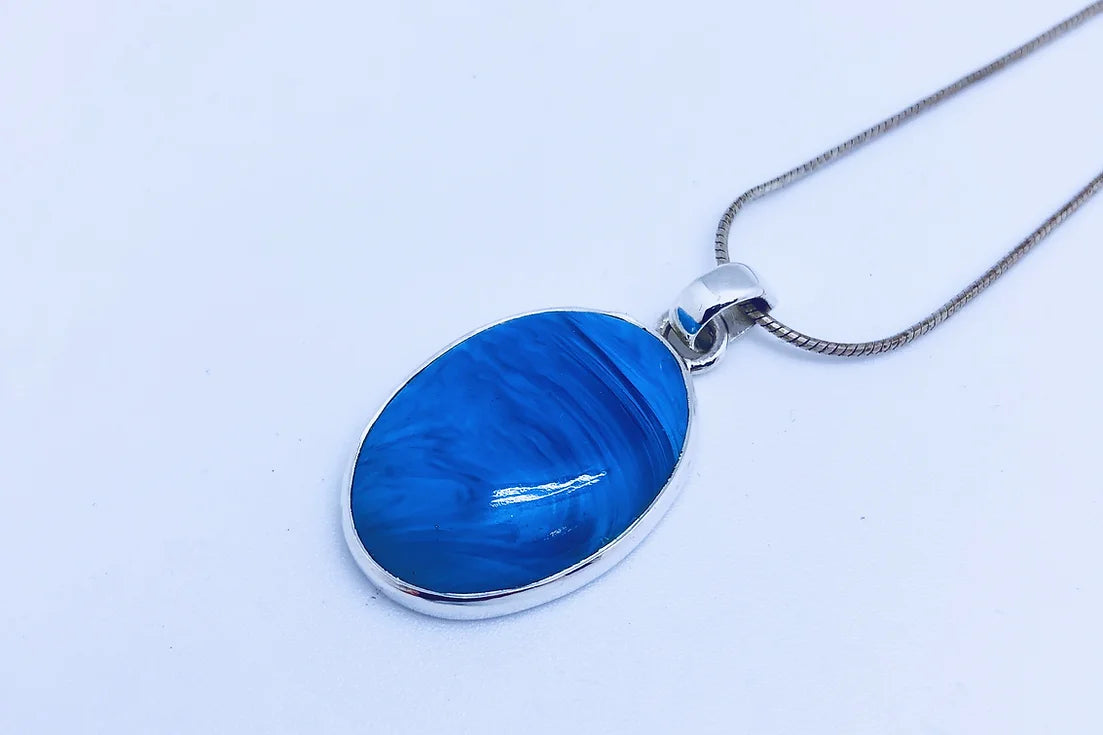 Necklace: Plain Oval, Large Pendant - Swedish Blue