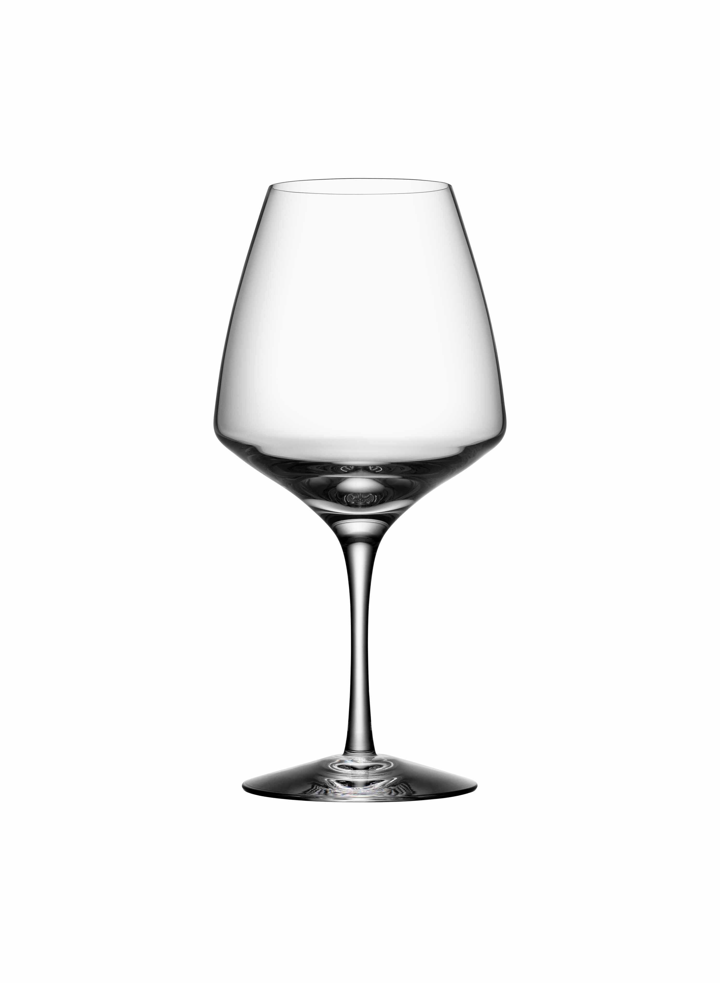 An Orrefors Pulse Wine Glass from the 15.5oz (4-Pack), featuring Scandinavian design, presents a transparent crystal glass with a tall stem and wide bowl, against a plain white background.