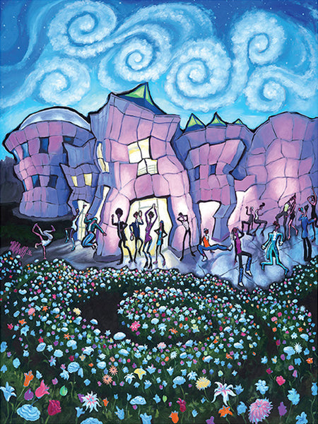 This vibrant 500-piece puzzle from the Signature Series, titled "His Purple Palace," features a colorful abstract painting of people dancing outside a whimsical wavy building under a starry night sky, complemented by a foreground of blooming flowers. Artwork by Michael Birawer.