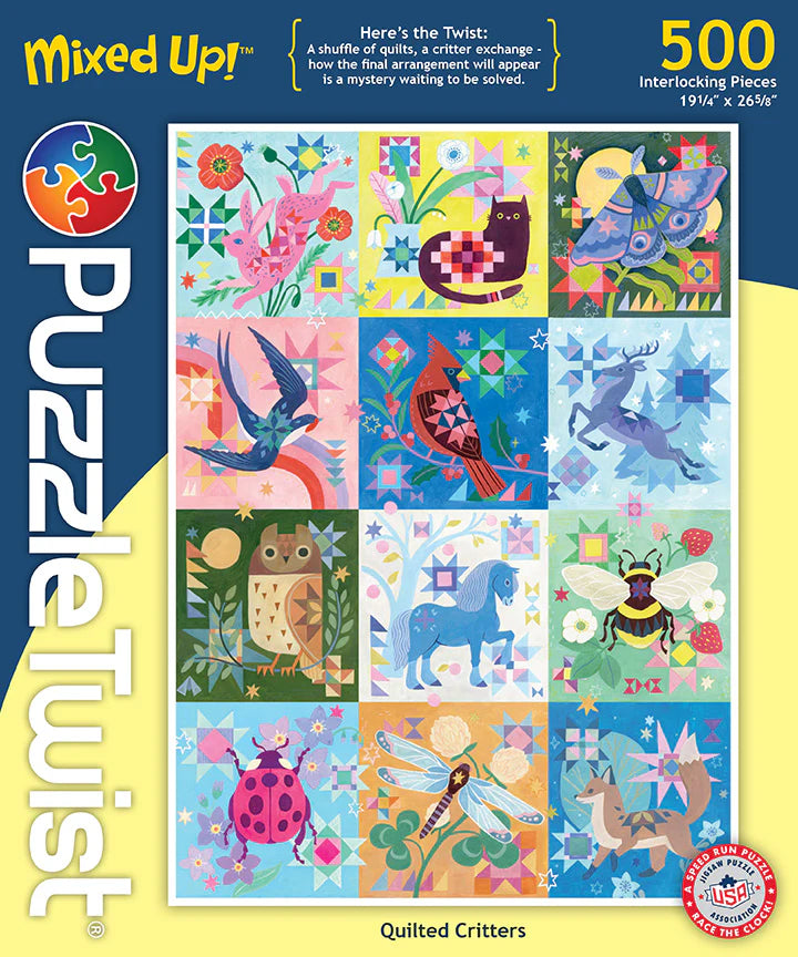 PuzzleTwist: Quilted Critters Puzzle - 500 Pieces by Mirka Hokkanen features colorful animal illustrations on quilt-inspired backgrounds.