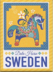 The "Magnet: Dala Horse Sweden" features a vibrant illustration of a Dala horse adorned with detailed patterns on a fade-resistant rectangular magnet. The design, set against a yellow background, includes the text "Dala Horse Sweden" at the bottom, and the magnetic backing ensures it securely adheres to any metallic surface.