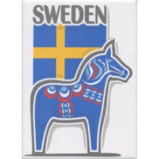 The "Magnet: Sweden Flag & Dala Horse" features a stylized blue Dala horse adorned with red and white patterns, set against the yellow cross on a blue rectangular magnet. This fade-resistant design beautifully showcases the vibrant colors and cultural symbols of the Swedish flag with enduring quality.