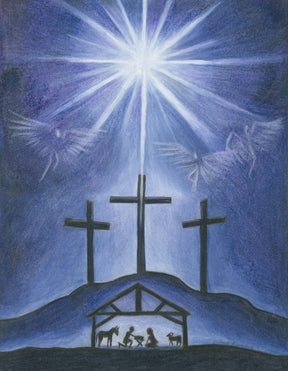 Nativity scene in blue tones, three crosses on a hill above, Bethlehem star shining overhead, and two angels in the sky.