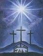 Nativity scene in blue tones, three crosses on a hill above, Bethlehem star shining overhead, and two angels in the sky.
