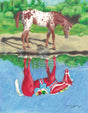 A horse stands by a riverbank, its reflection in the water beautifully captured as a red Dala horse with colorful patterns, embodying the whimsical essence of Scandinavian style in the "Dala Horse Reflection" Giclée Print 11x14.