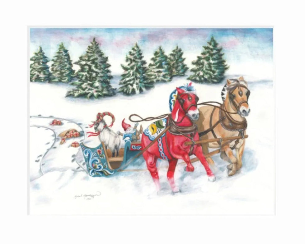 A Santa-ridden sleigh drawn by red and brown horses glides through snowy pines in Runaway Sleigh—an 11x14 Giclée Print by Rachael Koppendrayer.