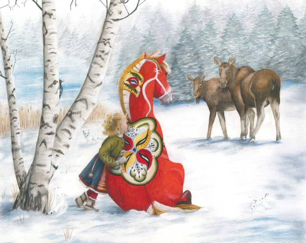 A child leans against the vibrant Dala Horse featured in the "Dala Horse Nature Watch" 5x7 card, surrounded by a snowy forest, with two elk standing nearby amid winter's chill.