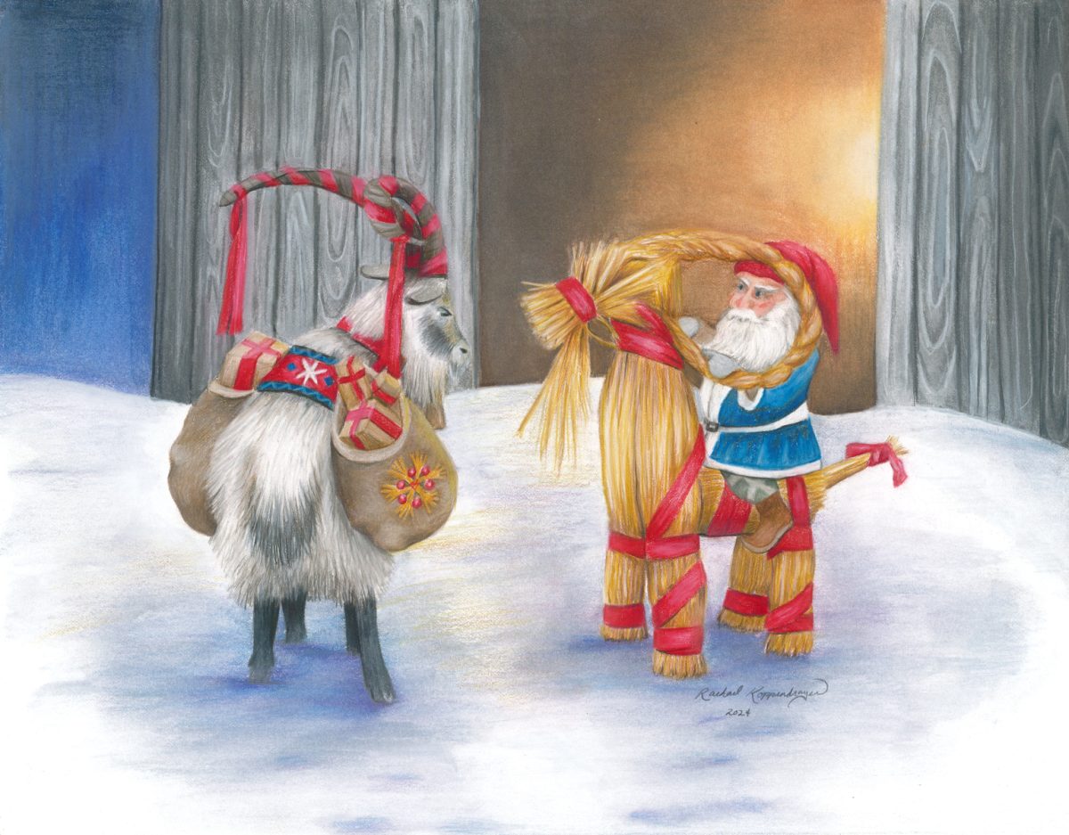 In the "Get Your Goat" Giclée print by Rachael Koppendrayer, a man in winter clothes holds a Yule Goat outside a wooden building, as a goat with decorated saddlebags stands nearby on the snow.