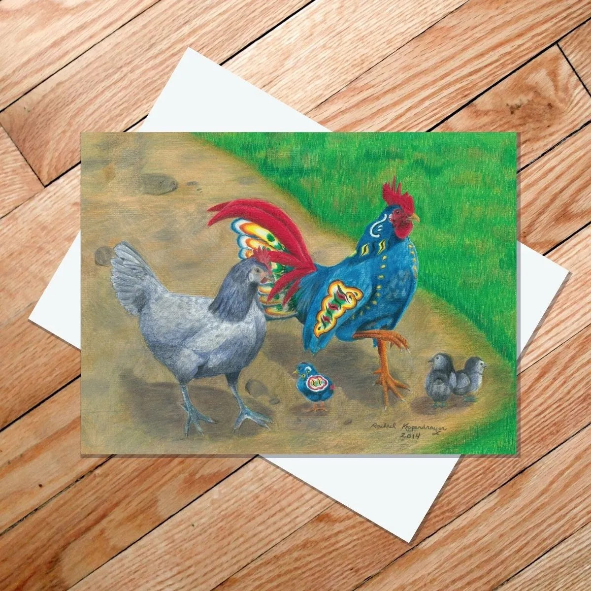 A painting titled "Dala Rooster Walk This Way" by Rachael Koppendrayer features a colorful rooster, a hen, and two chicks standing on a wooden floor.