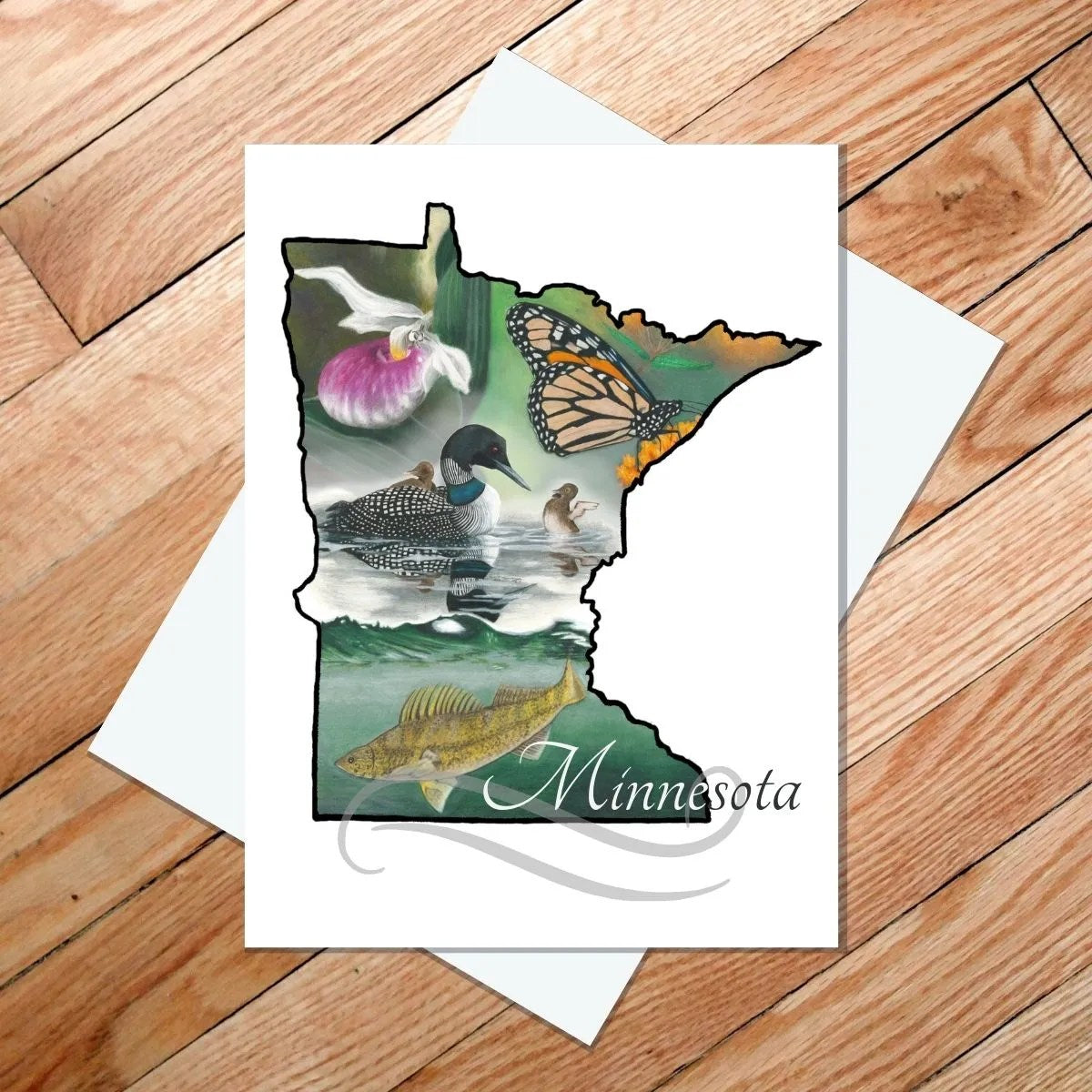 The "Minnesota State Symbols" 5x7 card by Rachael Koppendrayer features an illustrated postcard of Minnesota highlighting a loon, monarch butterfly, lady slipper flower, fish, and a lake scene on a state map outline set against a wooden background. The interior is blank for your personal message.