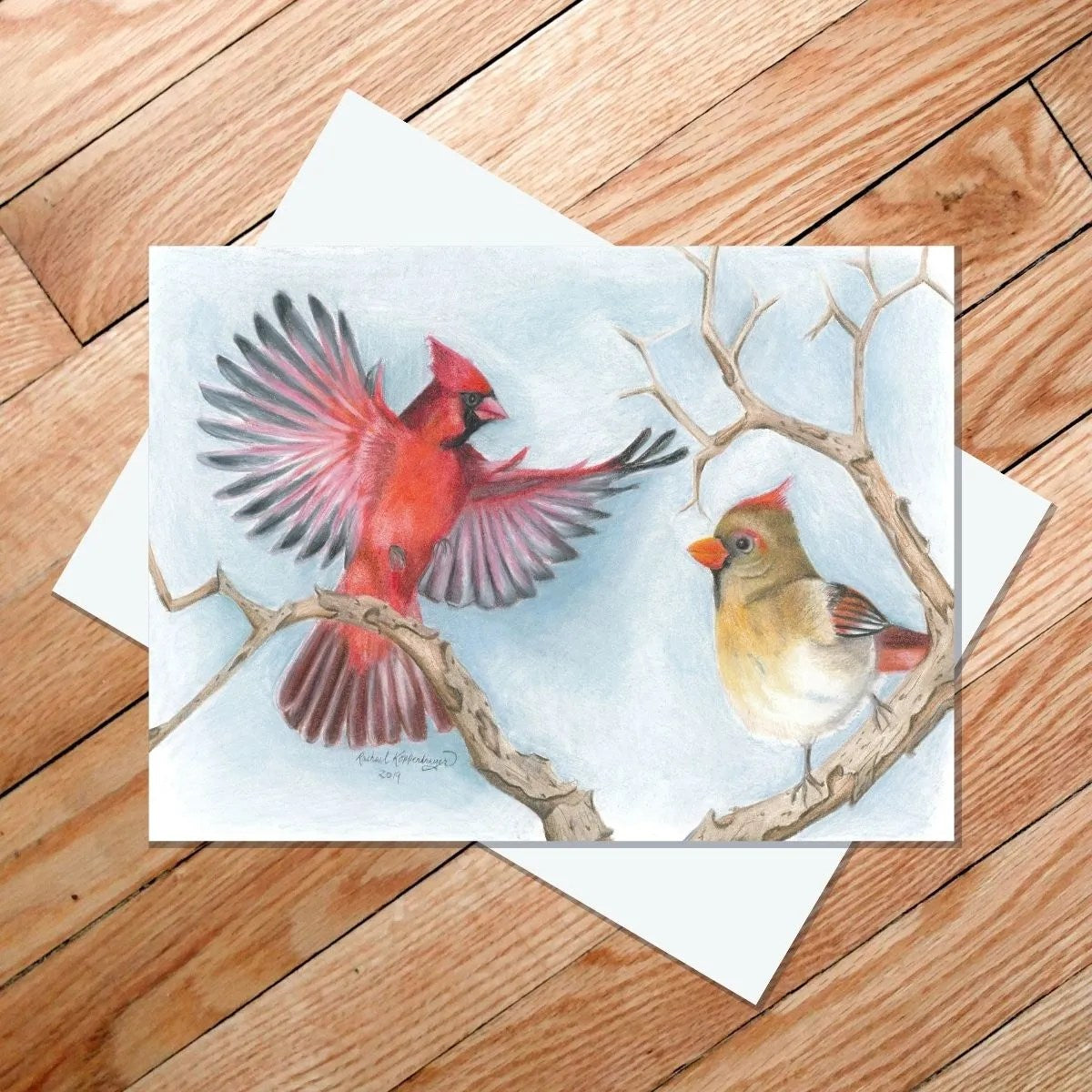 This 5×7-inch card from the "Northern Cardinal" collection by Rachael Koppendrayer features an illustration of a male and female cardinal perched on a branch against a light blue background. The male cardinal showcases vivid red feathers, while the female has beautiful brown and red plumage. The interior is blank for your personal message.