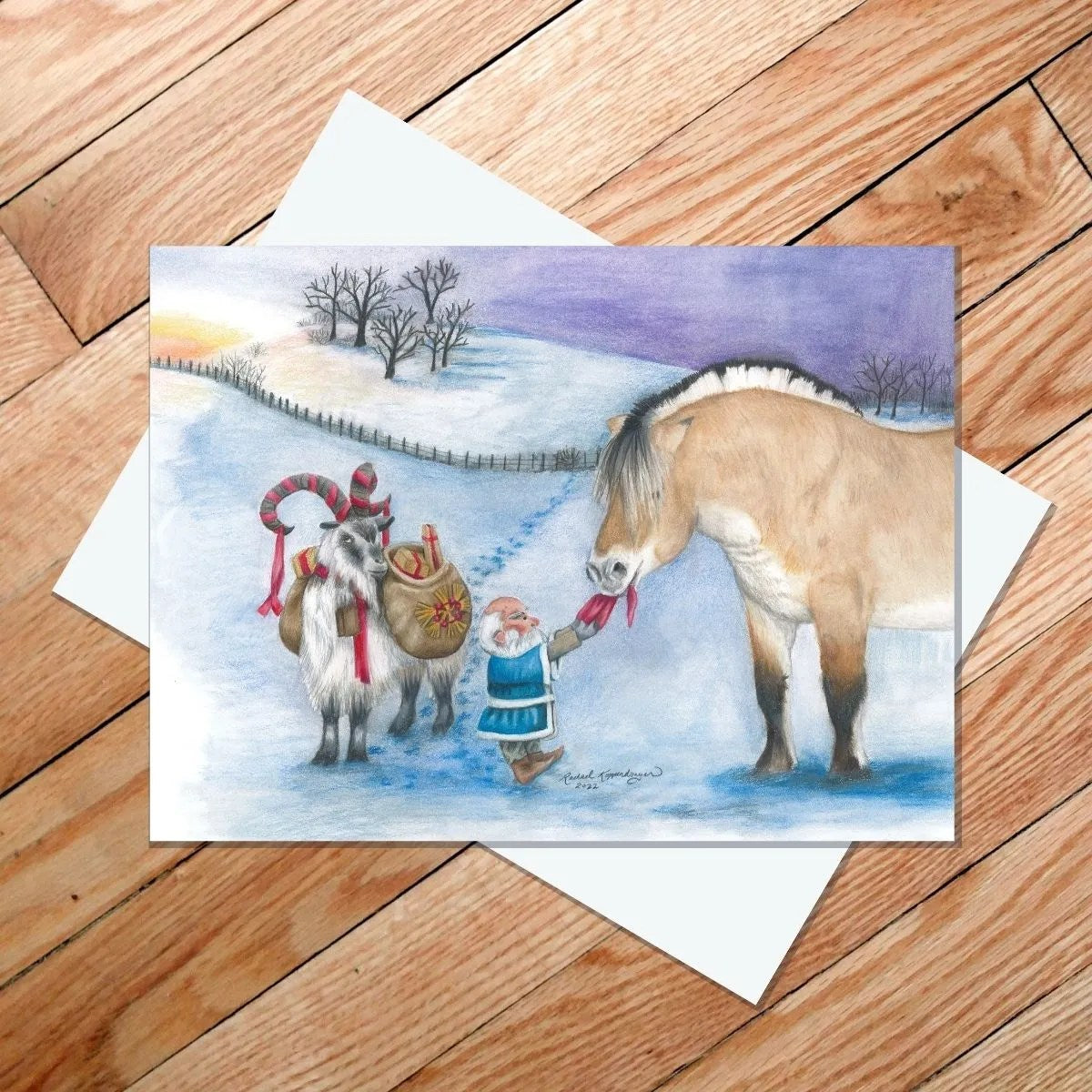 A winter scene evocative of the delightful "Delivery Status: Delayed" 5x7 card by Rachael Koppendrayer, showcasing a small person presenting a treat to a large horse and a goat akin to the Tomte och Julbock, framed by a snow-laden backdrop with meandering paths and barren trees.