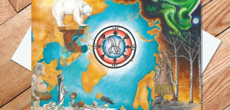 This captivating 5x7 inches card, titled "E of Sun W of Moon," showcases an illustration of a world map with a polar bear, various animals, and human figures encircling a central circular emblem. Crafted by Rachael Koppendrayer, the artwork is vibrant with color and elegantly combines natural and mythical elements.