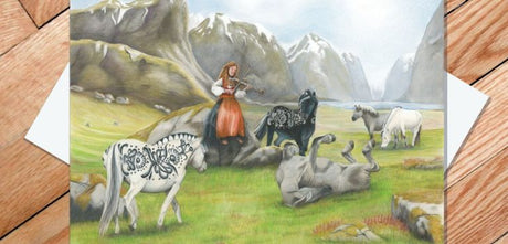 A woman in traditional attire plays violin among Dala horses in a mountain valley, captured on the 5x7 Card: Dala Horse Serenade greeting card—perfect for a Swedish-themed message.