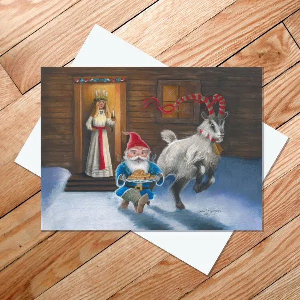 On the Run" is an original 11x14 artwork by Rachael Koppendrayer, inspired by St Lucia Day, featuring a gnome with food, a ribboned goat, and a woman in white in the doorway.