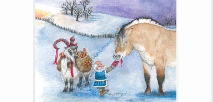 A small figure in blue feeds a big horse amidst snow, while a diminutive donkey loaded with sacks completes the scene featured in "Delivery Status: Delayed," elegantly framed at 17x14 inches.