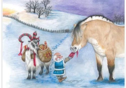 A gnome in blue feeds a horse as a festive goat looks on at sunrise in the snowy landscape of "Delivery Status: Delayed," a charming Rachael Koppendrayer artwork available as a giclée print on archival cotton rag.