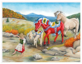 Following the Leader by Rachael Koppendrayer is a delicate 11x14 giclée print featuring a young girl in traditional dress stepping into a stream near three decorated horses in an autumn mountain landscape. Includes mat, printed on archival cotton rag.