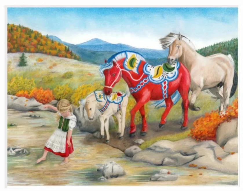 In this colored pencil drawing titled "Following the Leader," a girl wades in a stream near three horses—two with vibrant colors and one in its natural hue. The scene, set in a hilly landscape with autumn foliage and distant mountains, beautifully captures tranquility and is available as an 11x14 Giclée print.