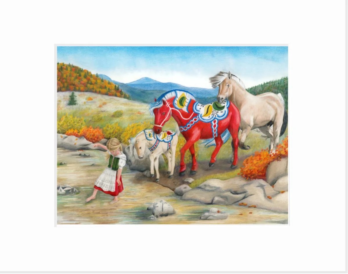 A girl in a dress leads three decorated horses—red, white, and tan—across an autumn stream on the Following the Leader by Rachael Koppendrayer 5x7 card, inspired by Scandinavian Dala Horse charm.