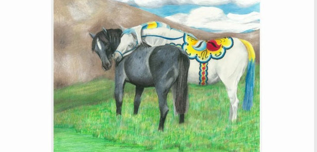 Card: If You Need a Friend 5x7 by Rachael Koppendrayer features two horses on green grass—one black, one white with colorful rosemåling-style tack—set against brown hills and a cloudy sky inspired by the peaceful Swedish countryside.