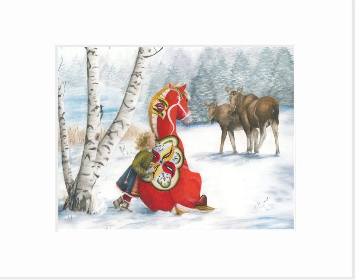A child in winter clothes stands by a large red Dala horse among birch trees, watched by two moose in the snow, in "Nature Watch" Giclée Print by Rachael Koppendrayer—an enchanting piece of nature-inspired art.