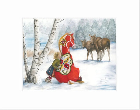 A child in winter clothes stands by a large red Dala horse among birch trees, watched by two moose in the snow, in "Nature Watch" Giclée Print by Rachael Koppendrayer—an enchanting piece of nature-inspired art.