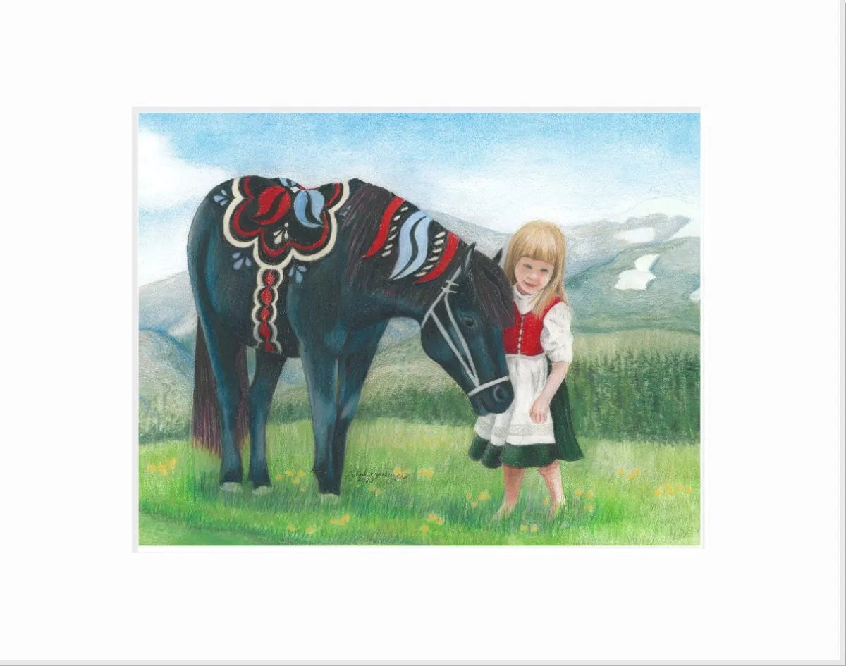 In this "Don't Be Shy" 25x21 framed piece, a young girl in traditional attire stands beside a black horse adorned with a decorative saddle, vividly depicted in colored pencil against a backdrop of grassy fields and mountains.