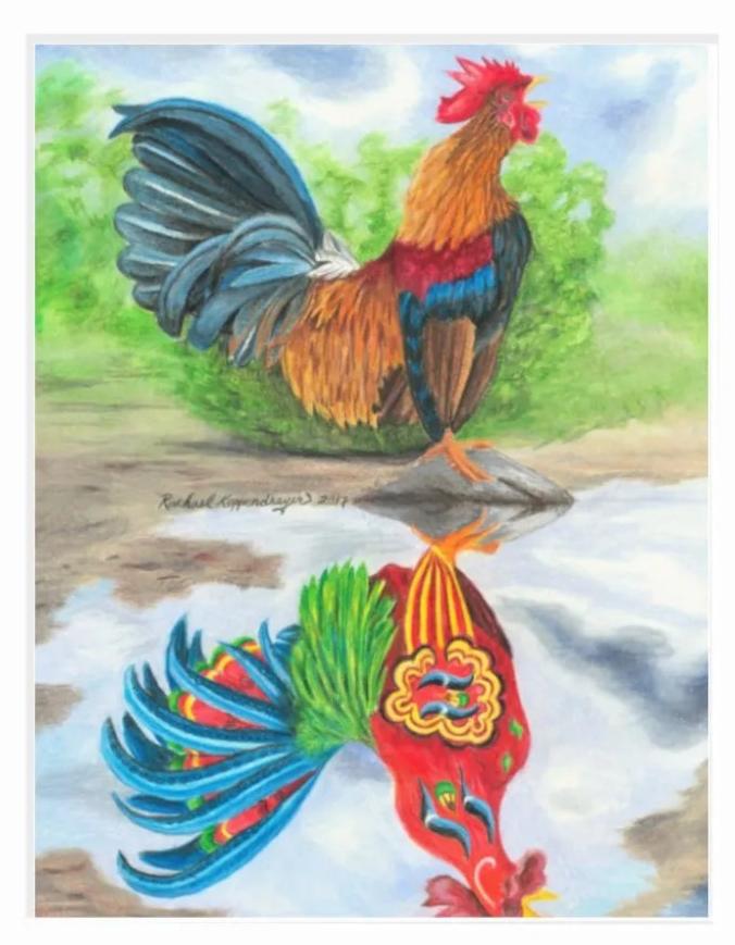 The "Dala Rooster Reflection" Giclée Print in 11x14 captures a colorful Dala Rooster by a pond, with its vibrant reflection reminiscent of a colored pencil drawing.