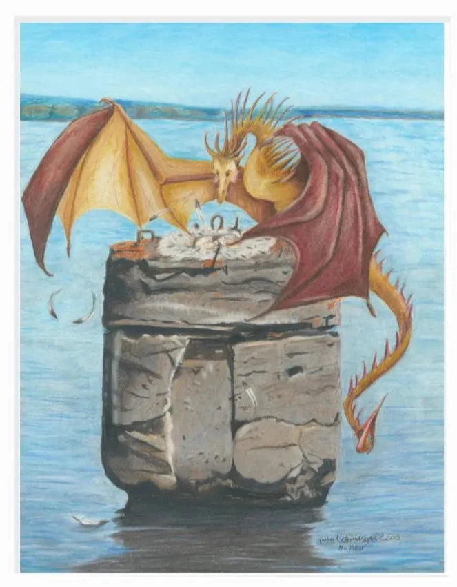 The artwork "Dragons of Duluth: the Pillar" features a dragon perched on a large rock in water, surrounded by a nest with eggs. This scene, meticulously captured with the delicate details of colored pencil drawing, is ideal for reproduction as an 11x14 vibrant giclée print.