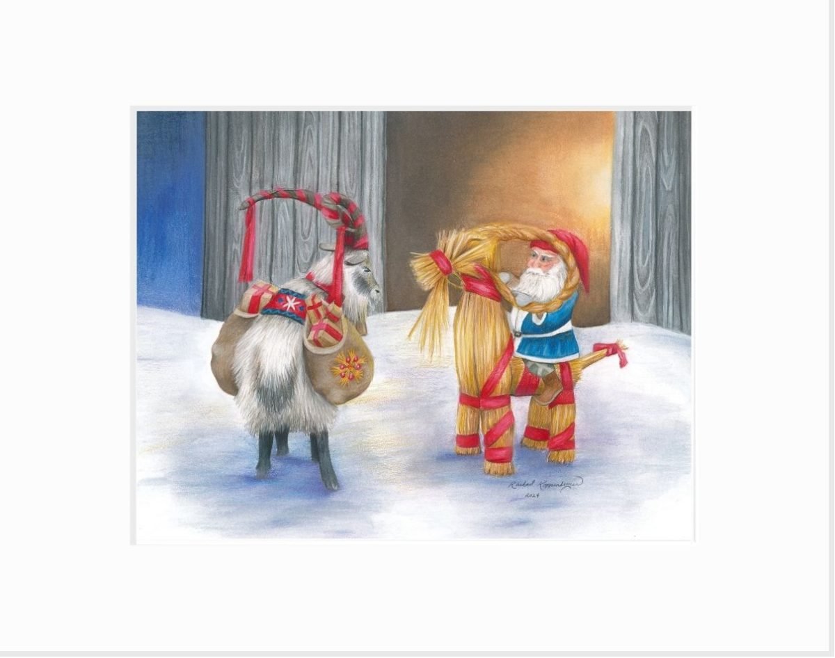 This original piece, titled "Get Your Goat," beautifully captures a figure in traditional attire holding a straw goat, with a live goat adorned in a decorated harness standing proudly amidst a snowy landscape. Ideal for those interested in our exquisite 11x14 framed Giclée prints collection.