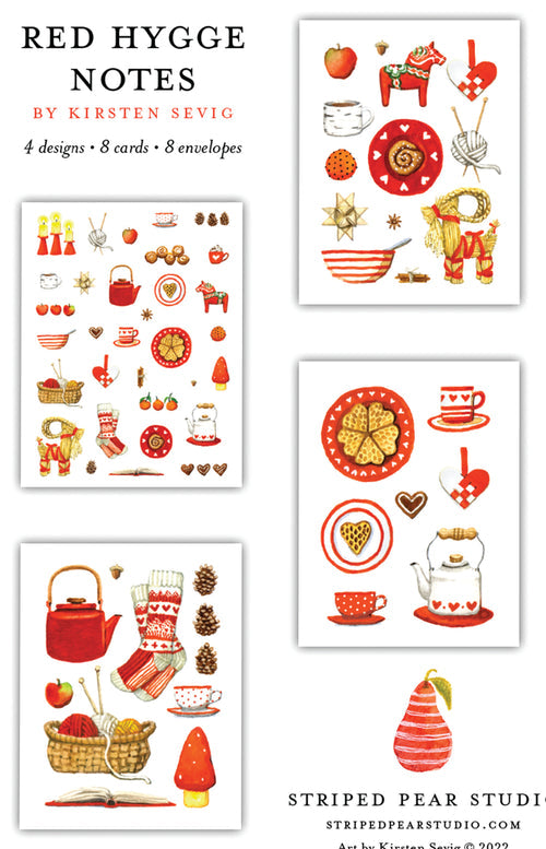 The Card Pack: Red Hygge Notecards by Striped Pear Studio includes four greeting cards featuring cozy, red-themed illustrations such as teapots, knitting, and pastries. Crafted on recycled paper, these cards perfectly embody warmth and charm.