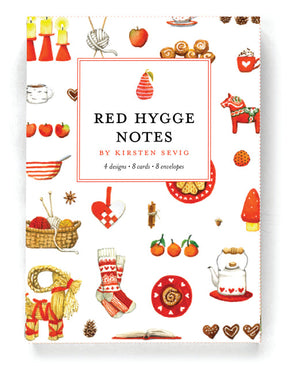 Discover our vibrant Card Pack: Red Hygge Notecards, created using recycled paper. This set showcases Scandinavian-inspired designs, such as apples, knitting, and a dala horse. It includes 4 unique illustrations by a Minnesota-based artist—comprising 8 cards and envelopes to share.