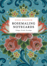 A notecard set with a blue cover featuring Norwegian rosemaling and the text: Cards: Rosemaling Notecards by Ethel Kvalheim – 8 Designs, 8 Cards, 8 Envelopes, Blank Inside.