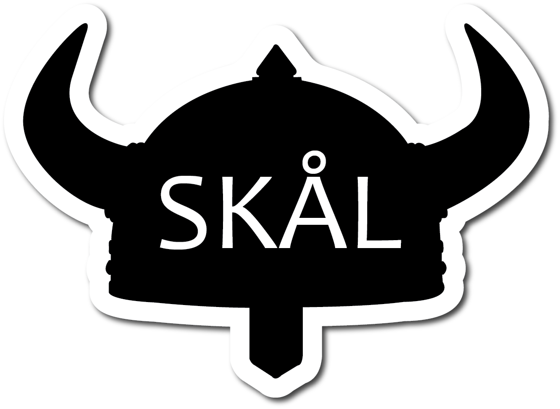 The Sticker: Skal Helmet showcases a Viking helmet silhouette with horns and SKÅL at the center, ideal as a helmet sticker.