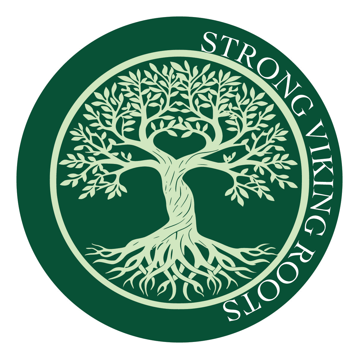 3" x 3" circular sticker showcasing a tree with detailed roots and branches. The words "Viking Roots" are gracefully arranged around the design on a green background, highlighting the deep heritage connection. Product: Sticker - Strong Viking Roots Color.