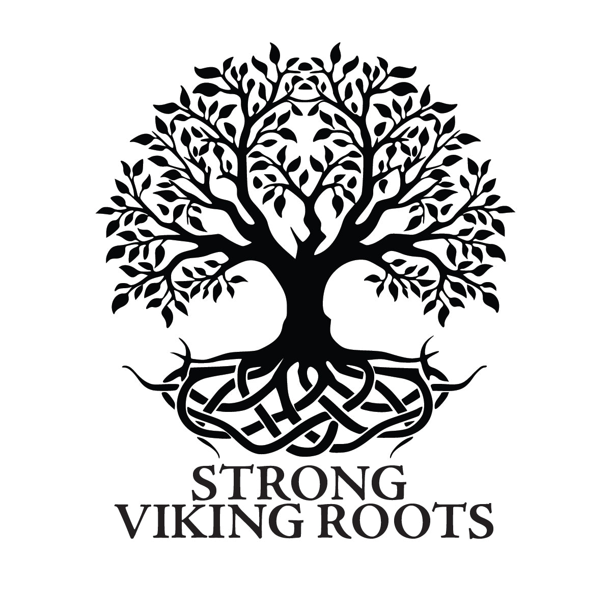 This black and white sticker, titled "Sticker: Strong Viking Roots Black & White," features an illustration of a tree with intricately intertwined roots and branches above the bold text "Strong Viking Roots." Measuring 2.5" x 2.8", it beautifully captures the essence of our Viking heritage.