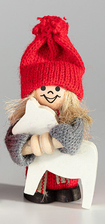 Handcrafted figurine of a smiling person with a red knitted hat, holding a white star, similar to traditional Swedish designs—named Figurine: Swedish Santa Girl with White Dala Horse.