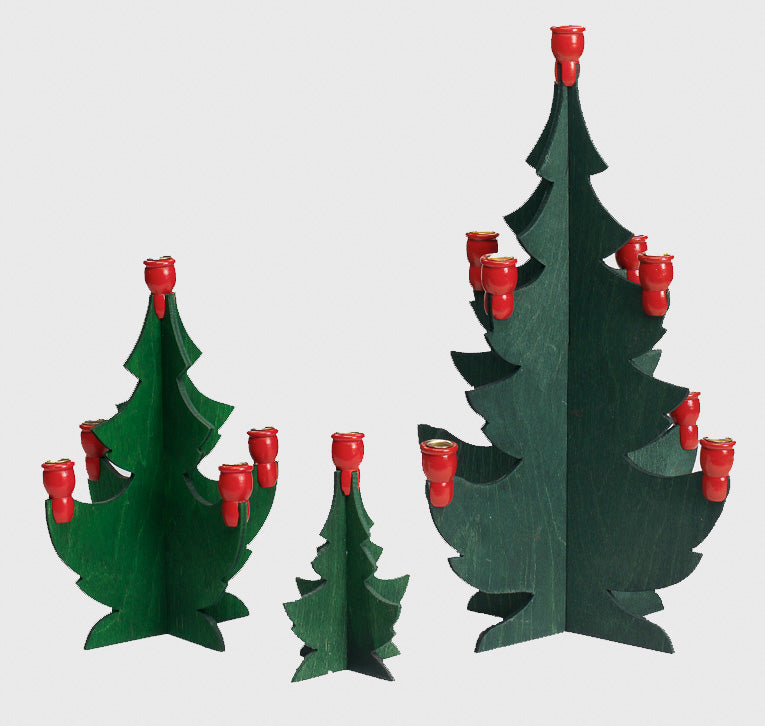 The Candle Holder: Wooden Christmas Tree set includes three hand-crafted wooden decorations, arranged from smallest to largest, each featuring red candle holders that showcase a charming design. Made in Sweden, these elegant pieces bring a touch of Scandinavian artistry to your holiday decor.