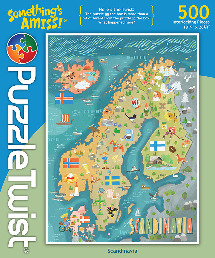 The PuzzleTwist: Scandinavia Map by Mirk Hokkanen features a vibrant map illustration with 500 interlocking pieces, offering a captivating puzzle experience.