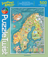 The PuzzleTwist: Scandinavia Map by Mirk Hokkanen features a vibrant map illustration with 500 interlocking pieces, offering a captivating puzzle experience.