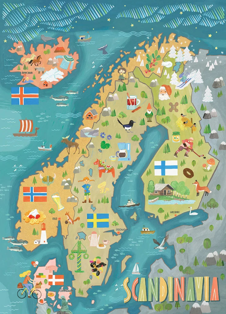 500-piece illustrated puzzle showing a colorful Scandinavia map with visible landmarks, national flags, animals, and Nordic cultural icons from Iceland to Finland.