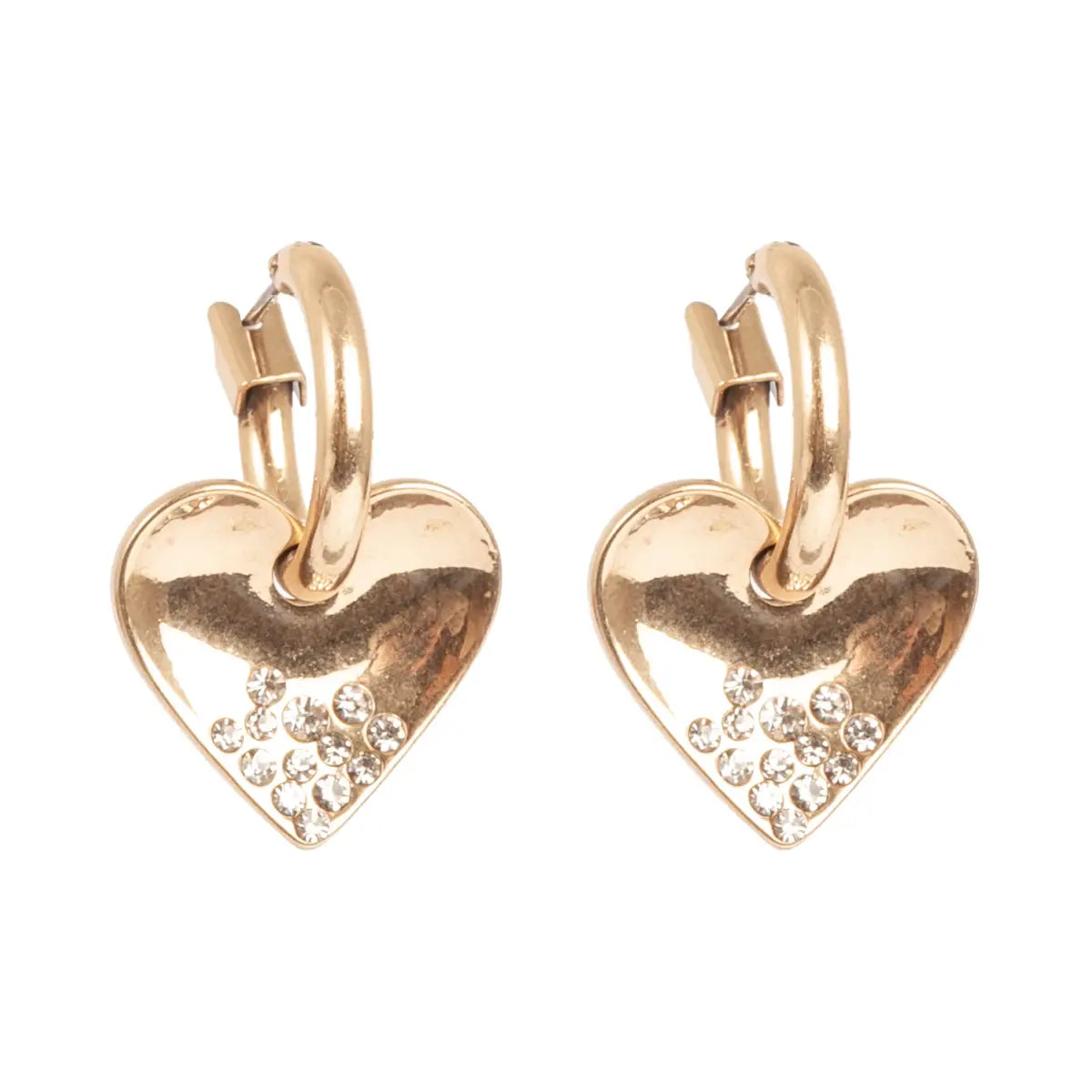 The Reversible Hearts Gold Earrings feature stunning heart-shaped designs with dainty clear gemstones on the lower left side, offering a touch of elegance and versatile charm for any occasion.