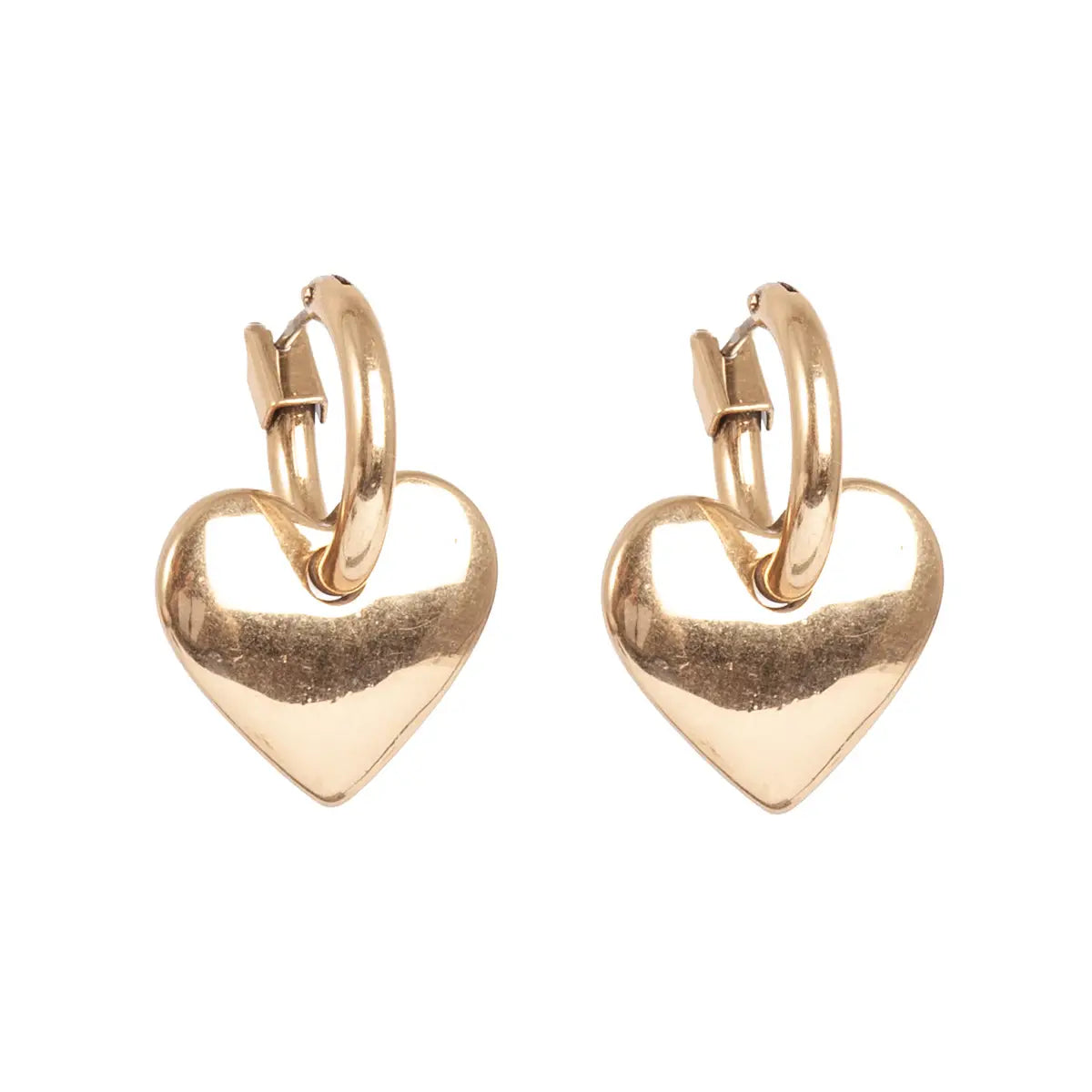 Reversible Hearts Gold Earrings featuring heart charms hanging elegantly on a white background.