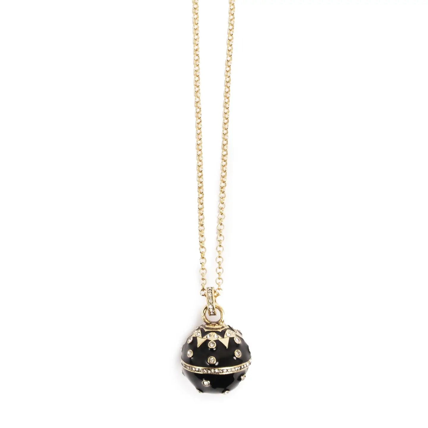 Gold chain necklace with a 33.5 length featuring a black ball pendant adorned with sparkling crystals and a crown-like design on top.