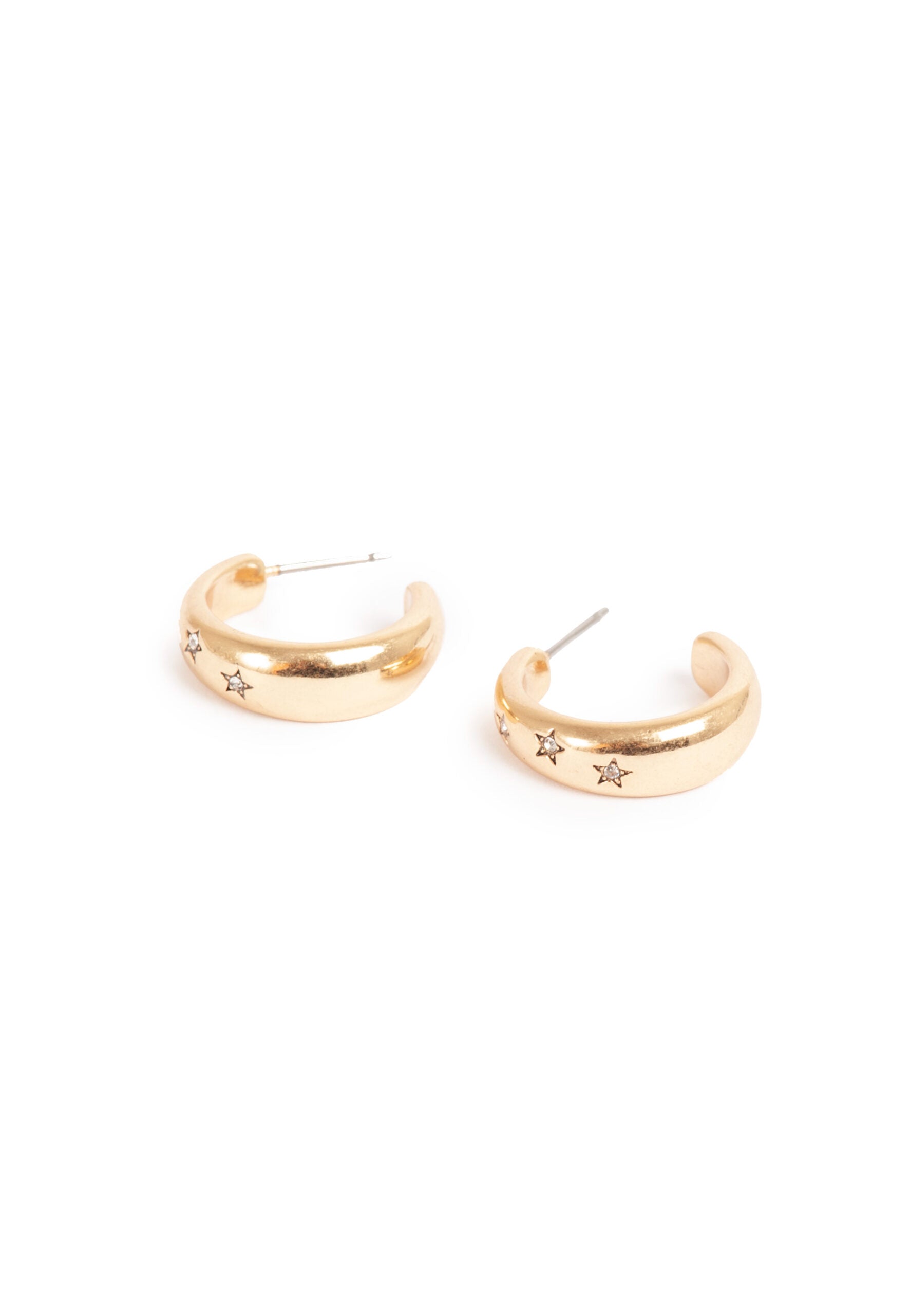 The Astro Creol Gold Hoop Earrings feature exquisite star embossments and shimmering crystals, beautifully presented on a white background.