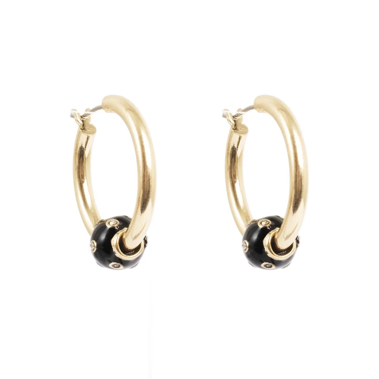 Gold Hoops with Black Ball Earrings, featuring shimmering black balls with small silver accents, are set against a white backdrop.